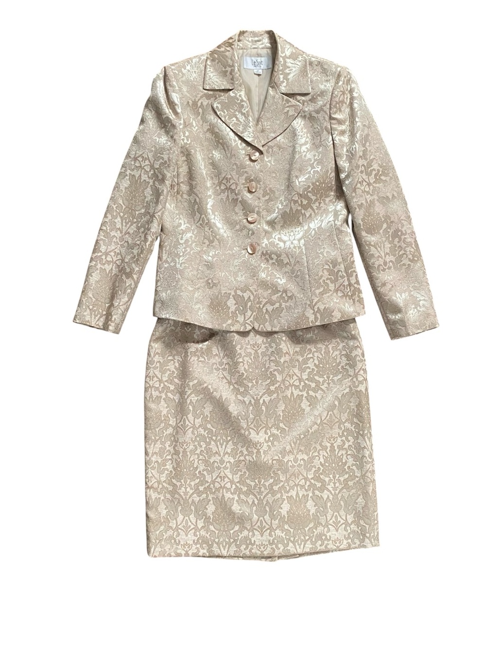 Vintage Le Suit Champagne & Cream BrocadeTwo-Piece Skirt & Jacket Suit Womens 4P